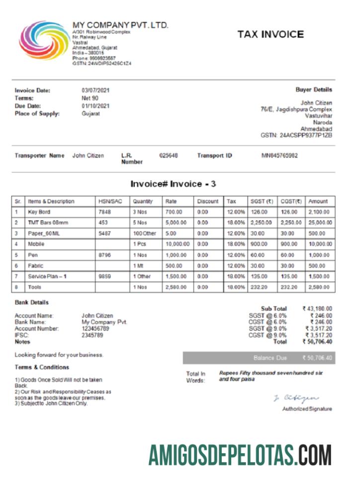 Fatura da Índia My Company Pvt Ltd modelo